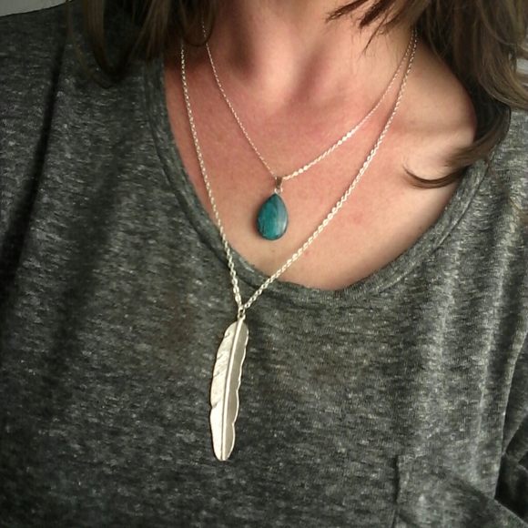 Silver Feather Long Bohemian Necklace - Picture 5 of 9